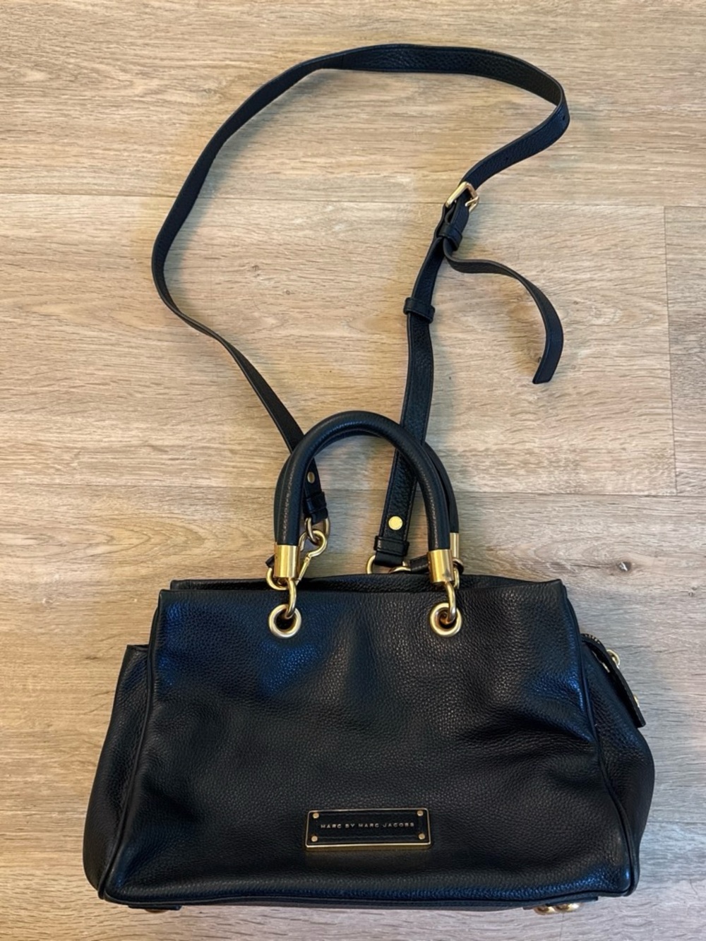 Marc by Marc Jacobs Black Pebbled Leather Satchel with Gold Hardware